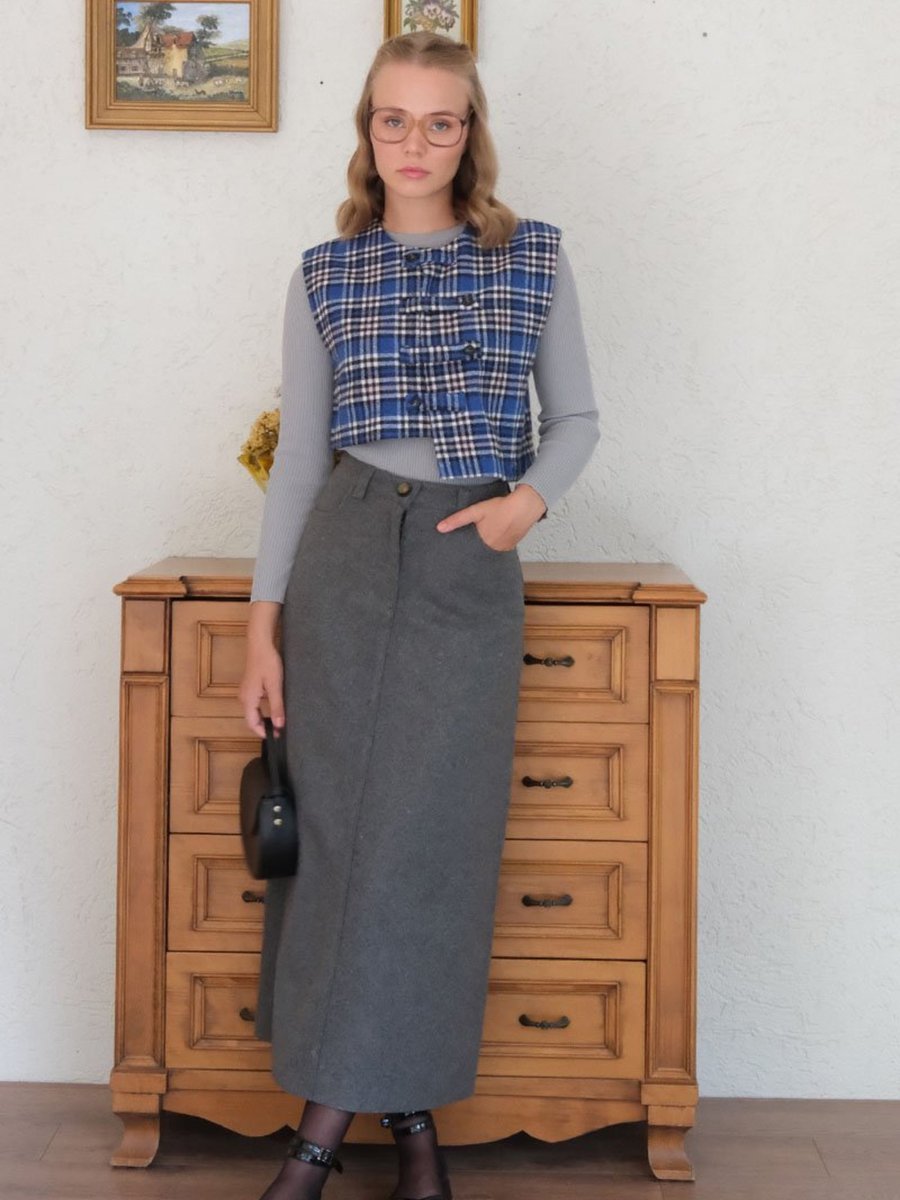 Ceylan Otantik Mavi Ekose Çapraz Düğmeli Vintage Yelek