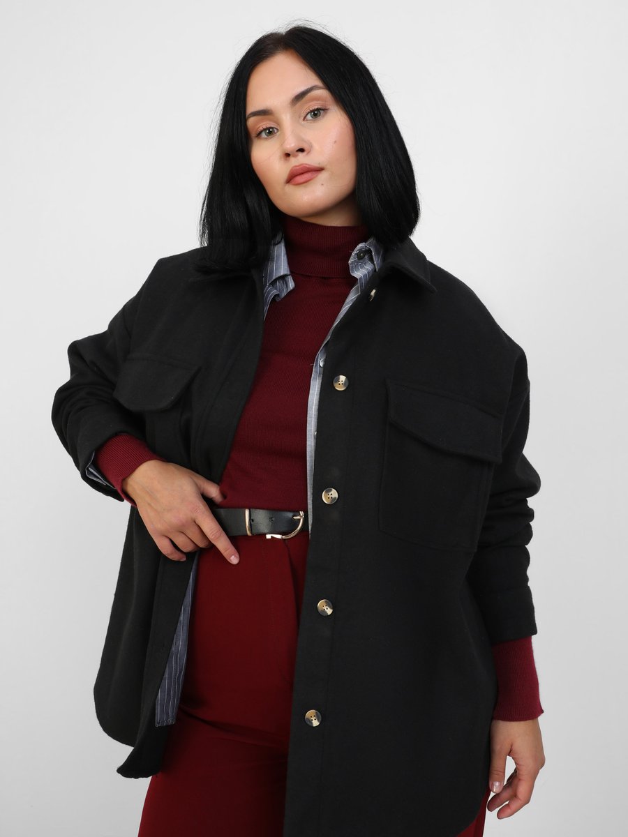 Alia Siyah Büyük Beden Cep Detaylı Oversize Kaşe Ceket