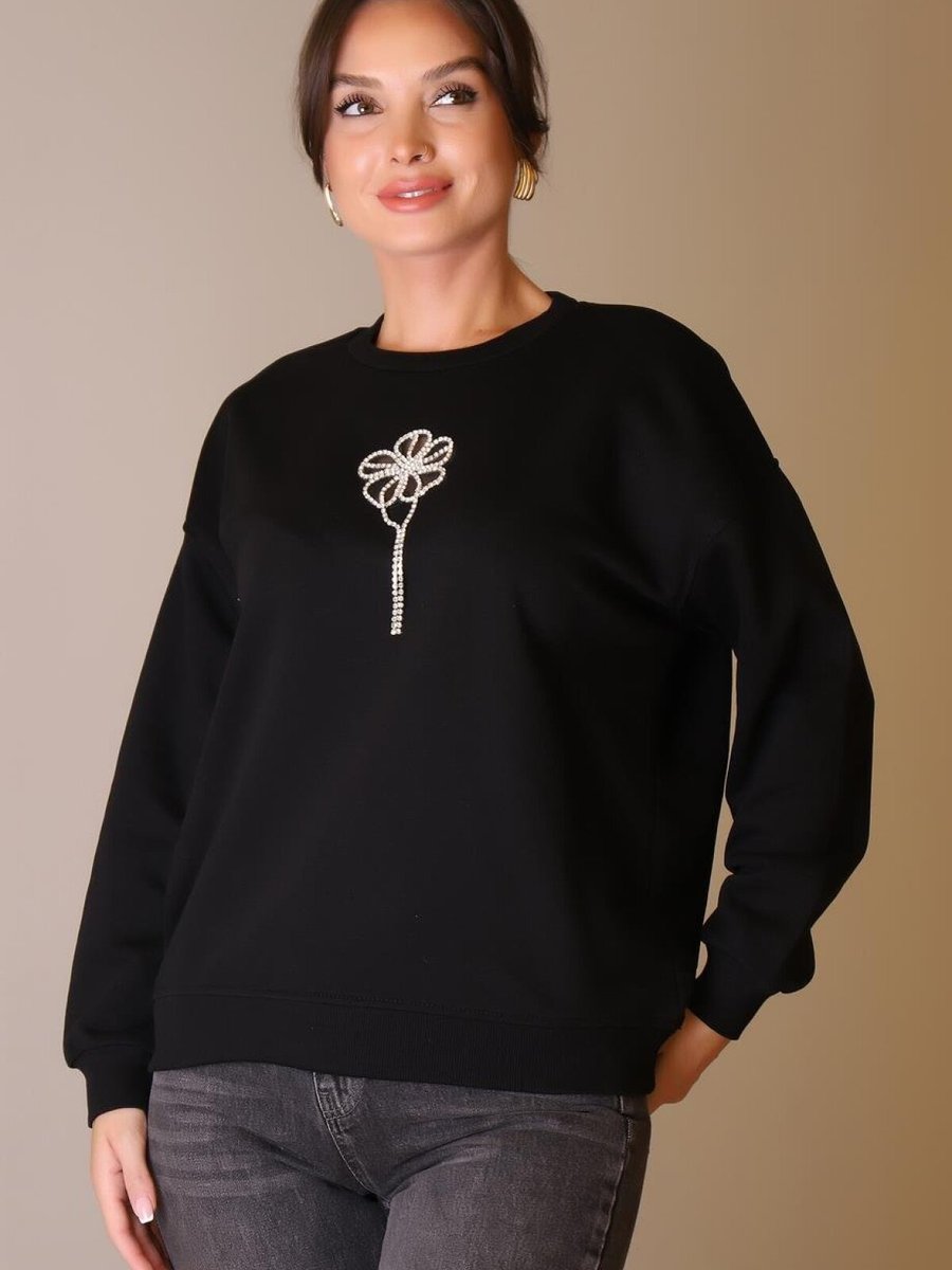 Mint Siyah Taşlı Çiçek Desenli Sweatshirt