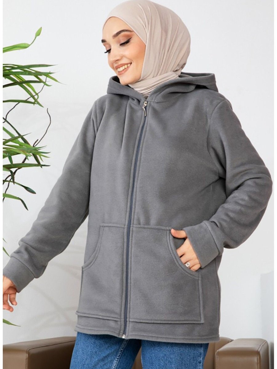 Kardelen Butik Ümraniye Polar Gri Kapüşonlu Hırka