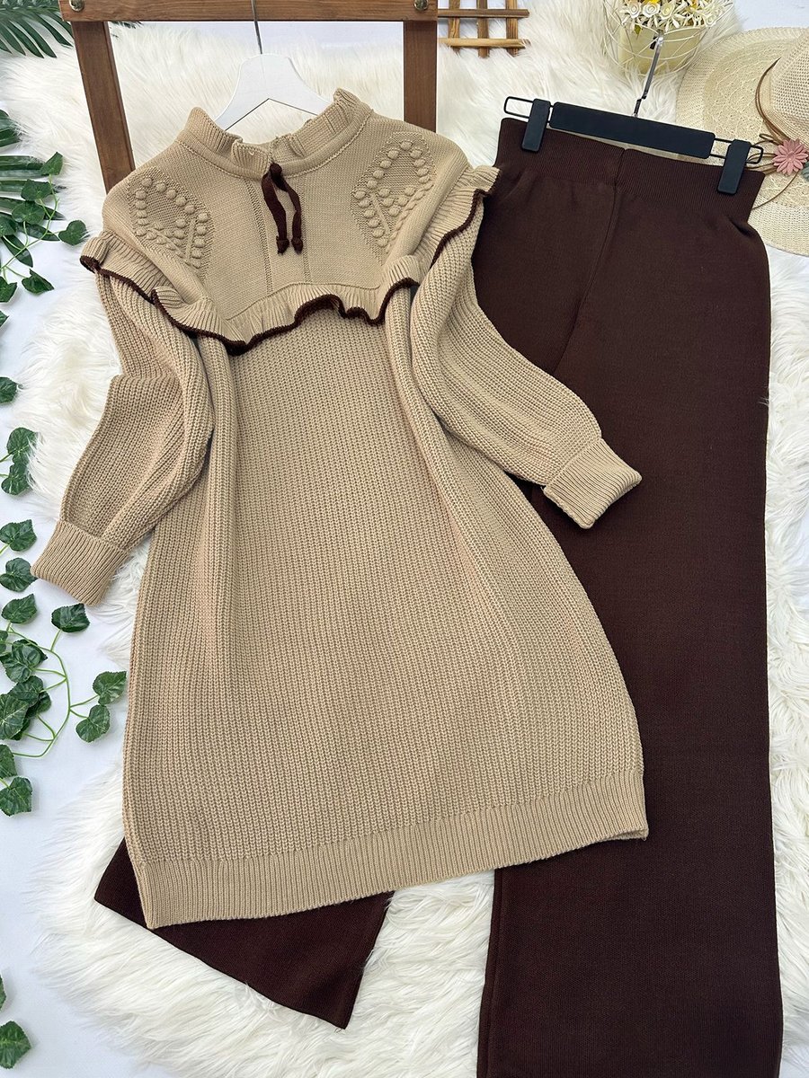 Modaqu Çalıkuşu Triko Tunik Pantolon Takım Camel
