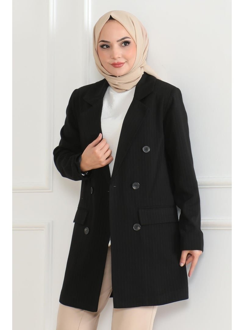 MISSVALLE Siyah Klasik Çizgili Blazer Ceket