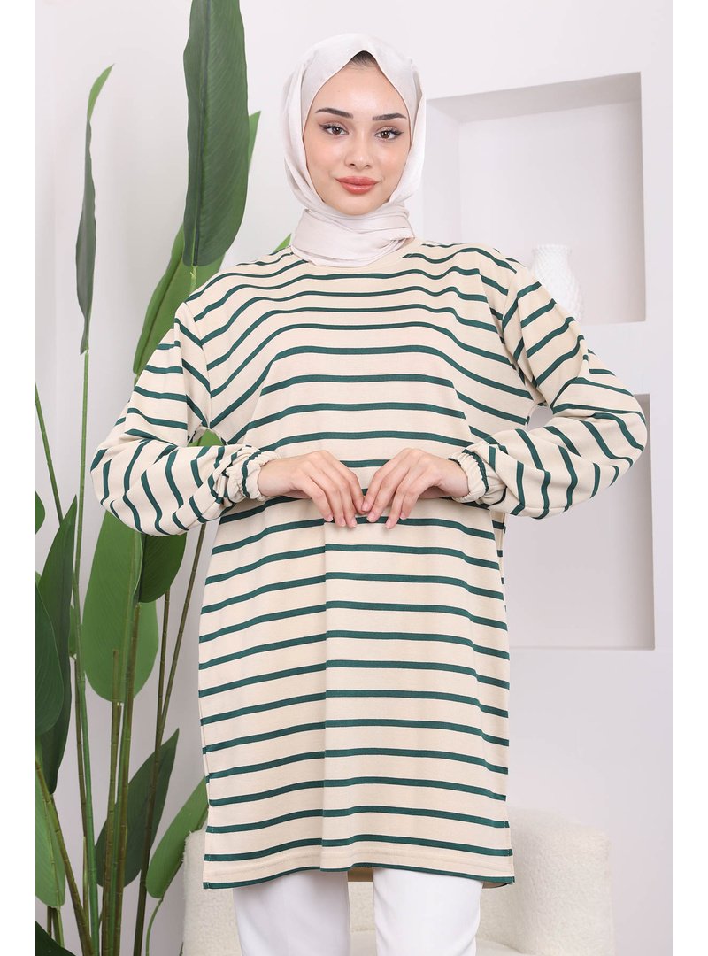 İmaj Butik Zümrüt Yeşili Çizgili Bisiklet Yaka Tunik