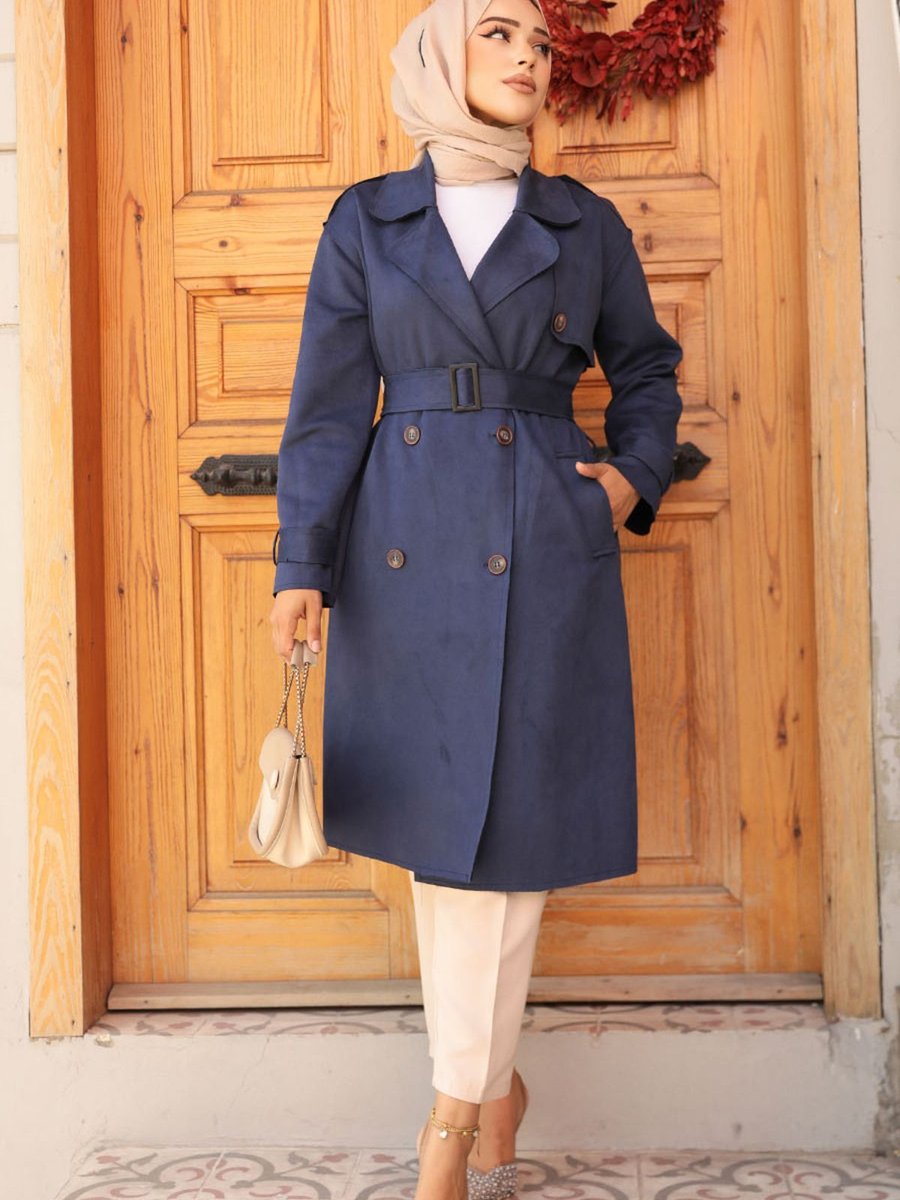 Neva Style Kemerli Süet Lacivert Trençkot