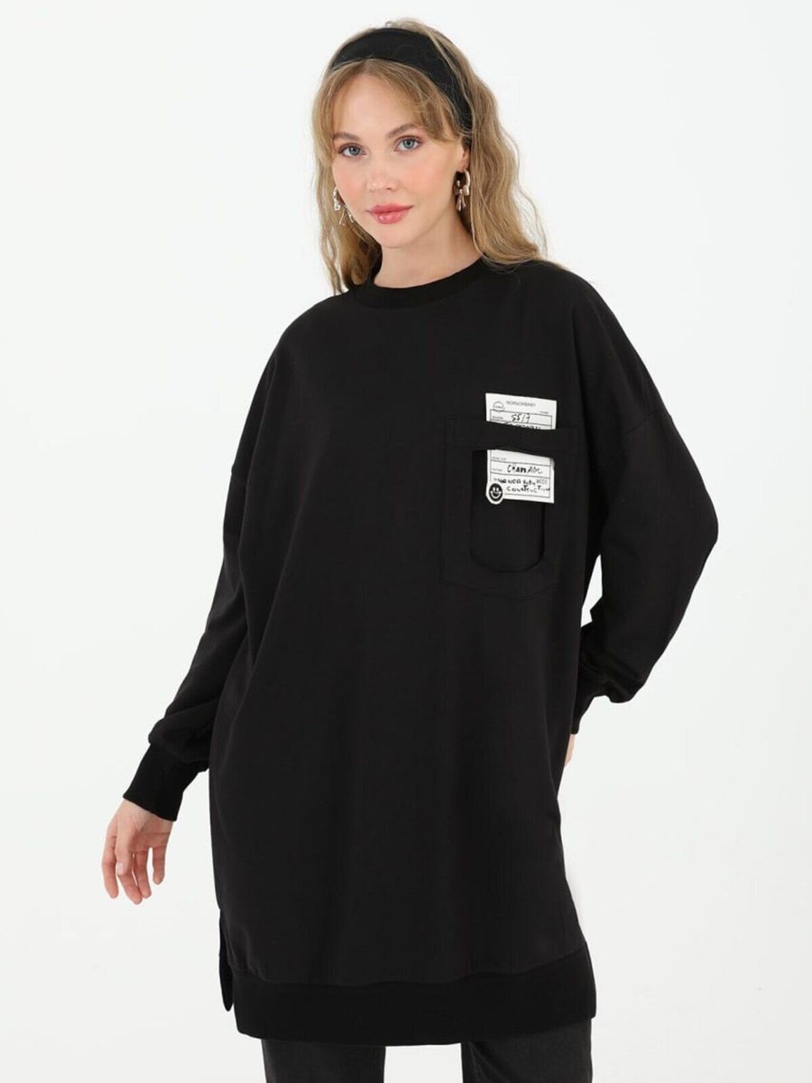 Puane Siyah İki İplik Kumaş Cep Ve Yazı Detaylı Sweatshirt
