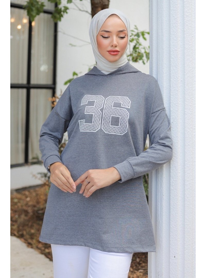 Bestenur Koyu Gri Kapüşonlu Baskılı Tunik