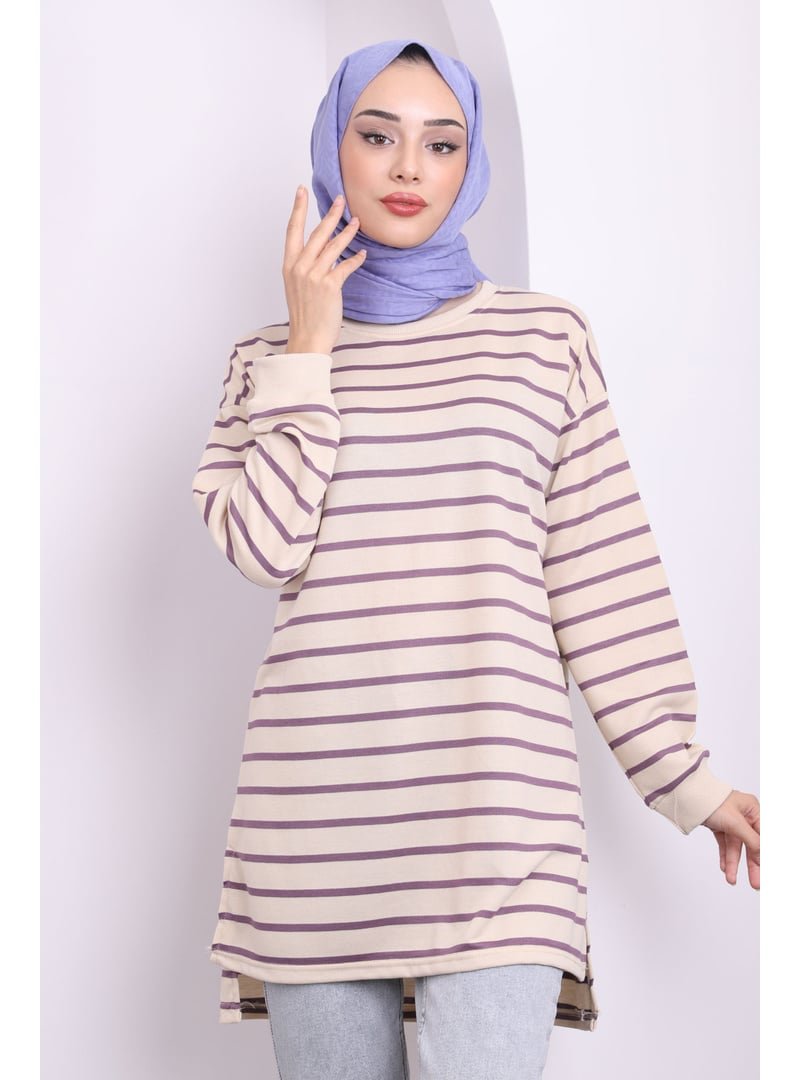İmaj Butik Mürdüm Yanları Yırtmaçlı Çizgili Tunik