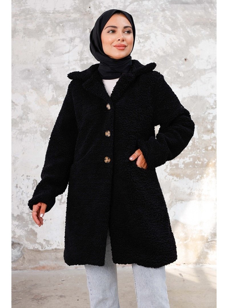 Bestenur Siyah Çift Cepli Peluş Kap