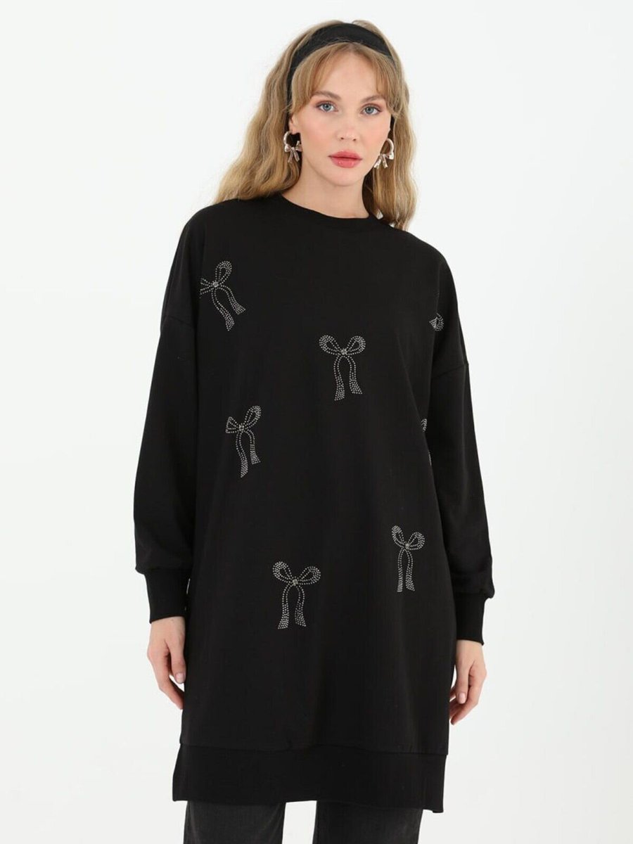 Puane Siyah İki İplik Kumaş Taş Baskılı Sweatshirt