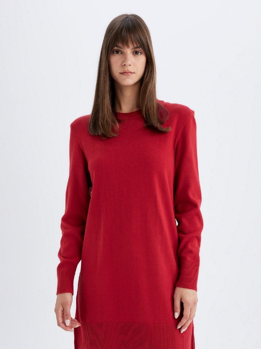 Defacto Kırmızı Regular Fit Bisiklet Yaka Yandan Yırtmaçlı Basic Düz Kazak Tunik H3431az24au