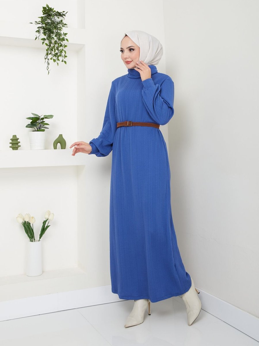 VOLT CLOTHİNG Mavi Kemerli Balıkçı Yaka Elbise