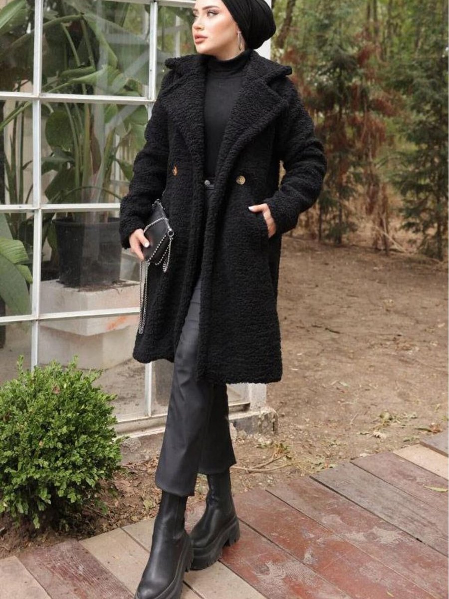 Hafsamina Fleto Cepli Peluş Mont Siyah