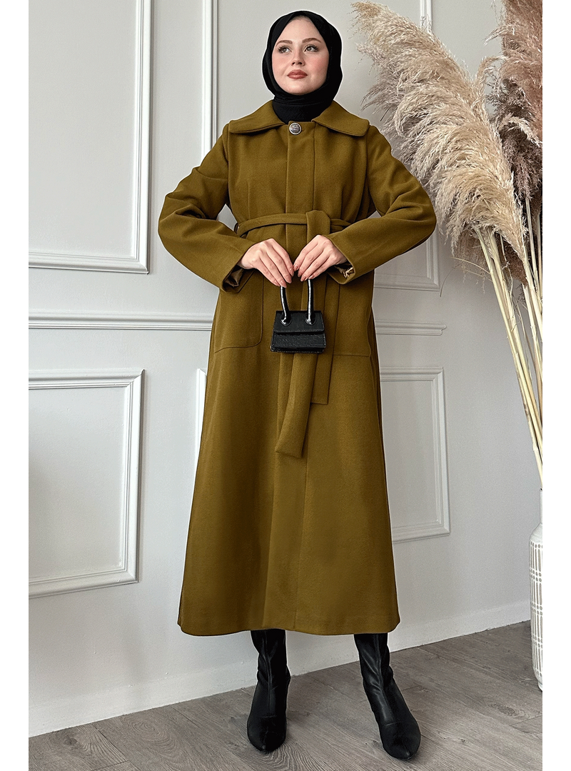 InStyle Kuşaklı Gizli Patlı Yağ Yeşili Kaban