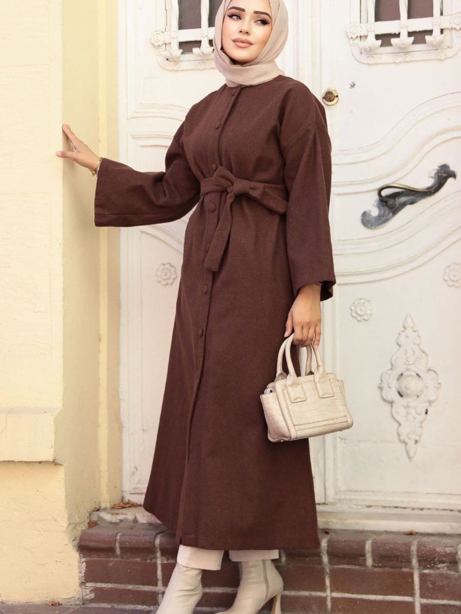Neva Style Kemerli Kahverengi Kaşe Kaban