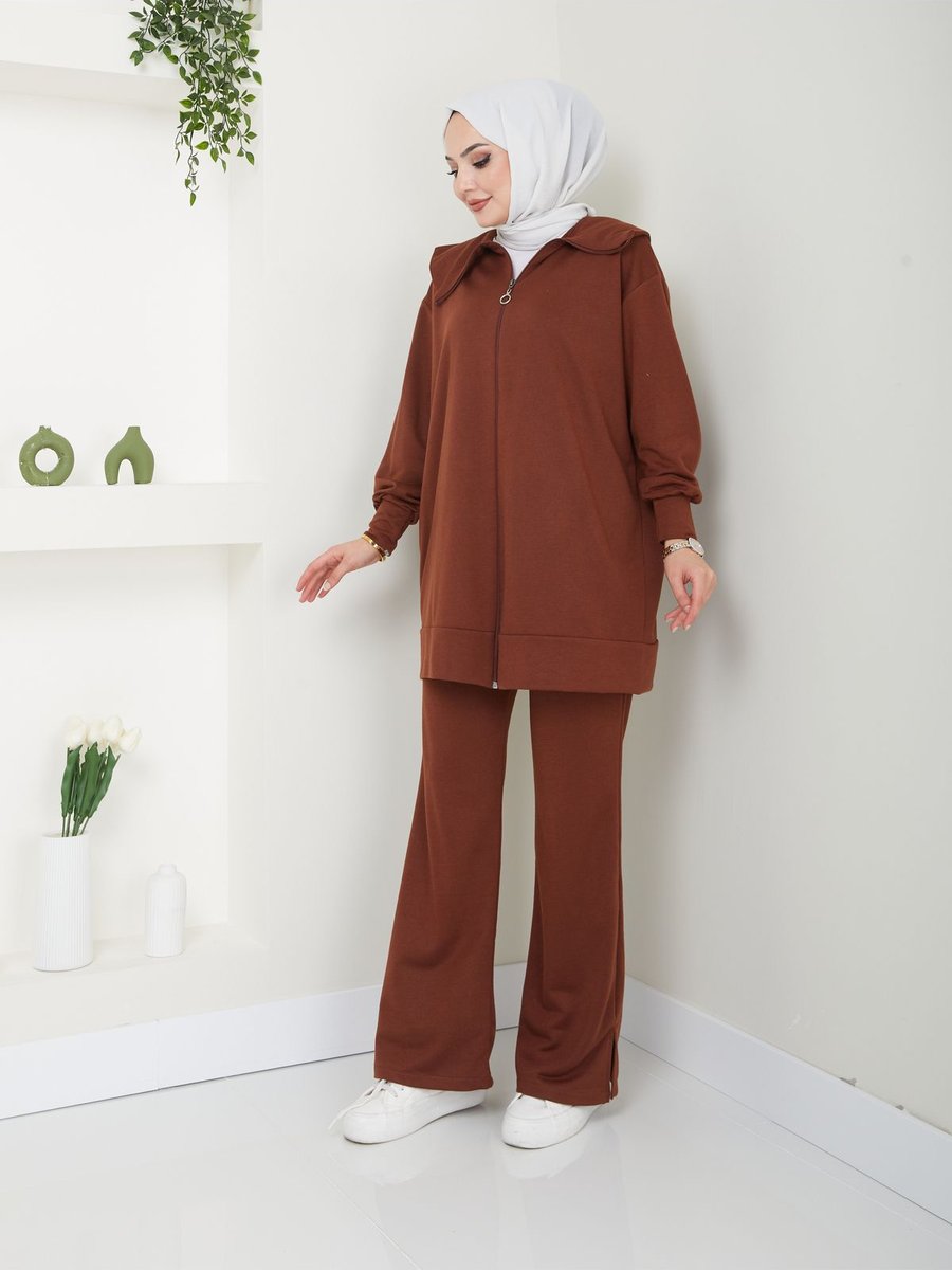 Volt Clothing Paçası Yırtmaçlı Fermuar Yaka Detaylı Pantolonlu Takım