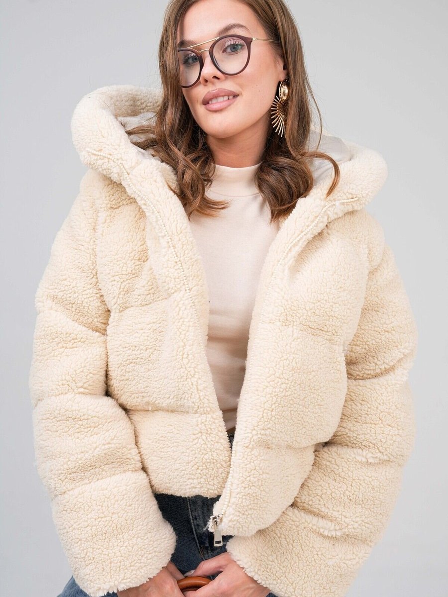 VOLT CLOTHİNG Bej Kapüşonlu Astarlı Peluş Mont