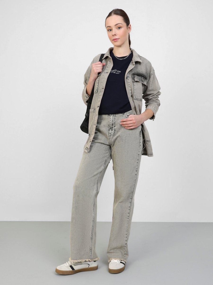 Benin Gri Yıkamalı Denim Wide Leg Pantolon