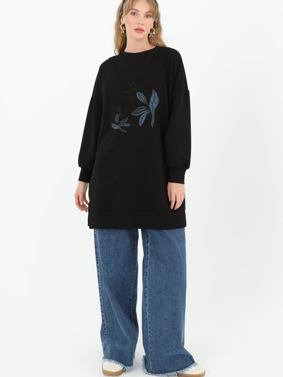 Puane Siyah İki İplik Kumaş Kot Garnili Sweatshirt