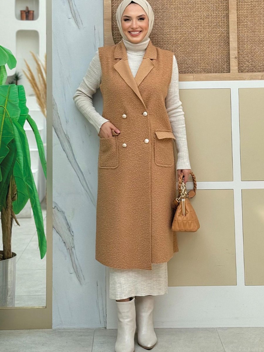 Bym Fashion Önü Düğmeli Cep Detaylı Uzun Yelek Taba