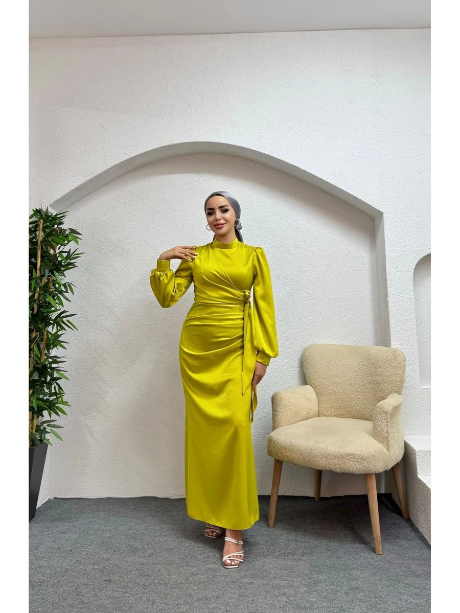 Moda Zeynaa Yandan Bağlama Detaylı Saten Tesettür Abiye Elbise