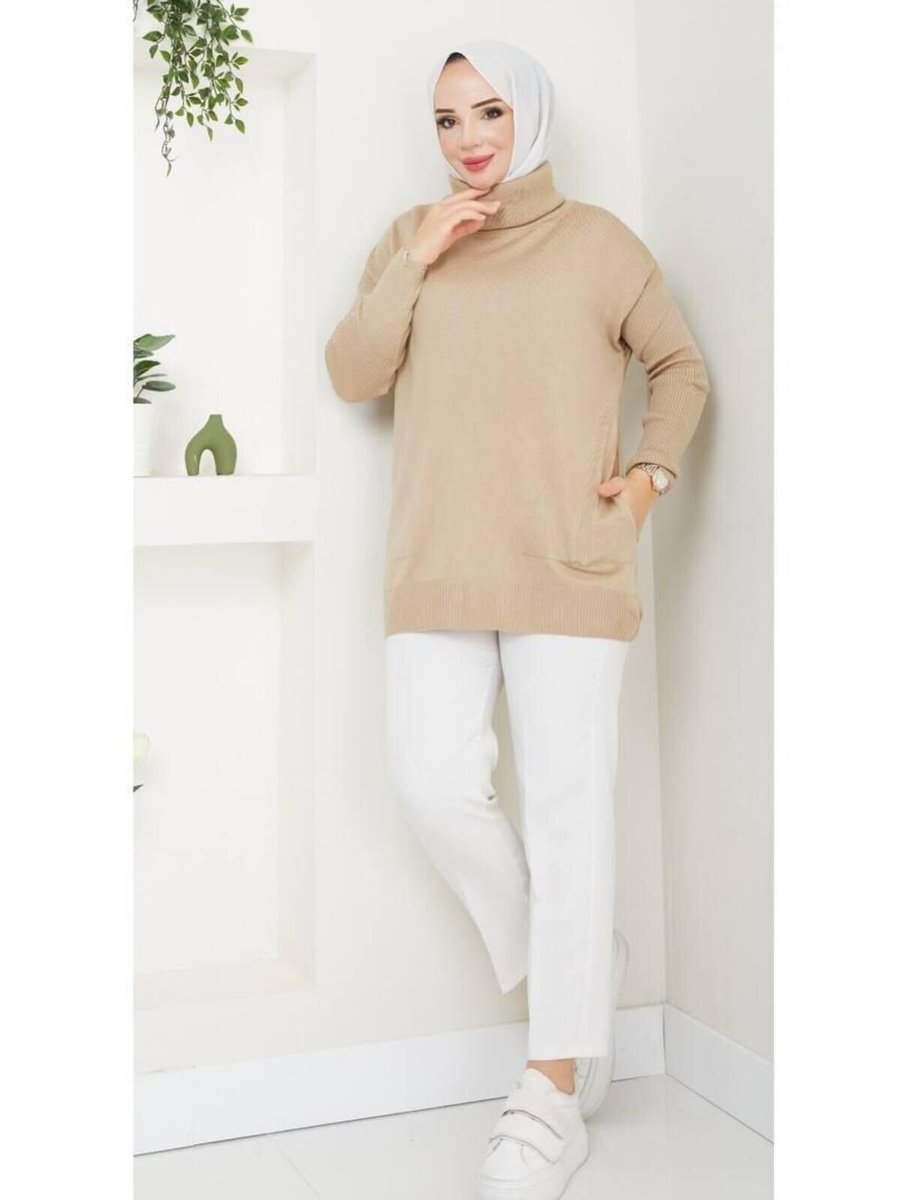 Nergis Neva Butik Bej Balıkçi Yaka Cepli Triko Tunik