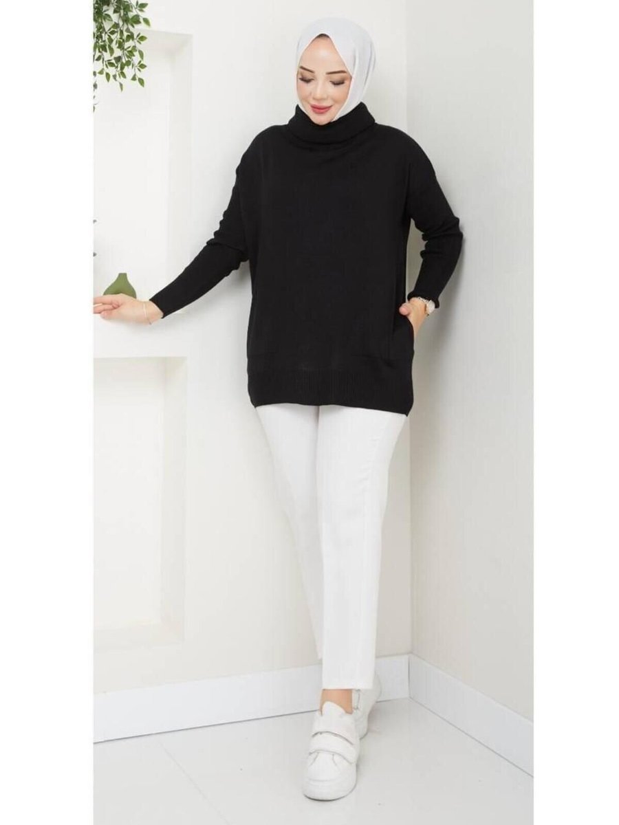 Nergis Neva Butik Siyah Balıkçi Yaka Cepli Triko Tunik