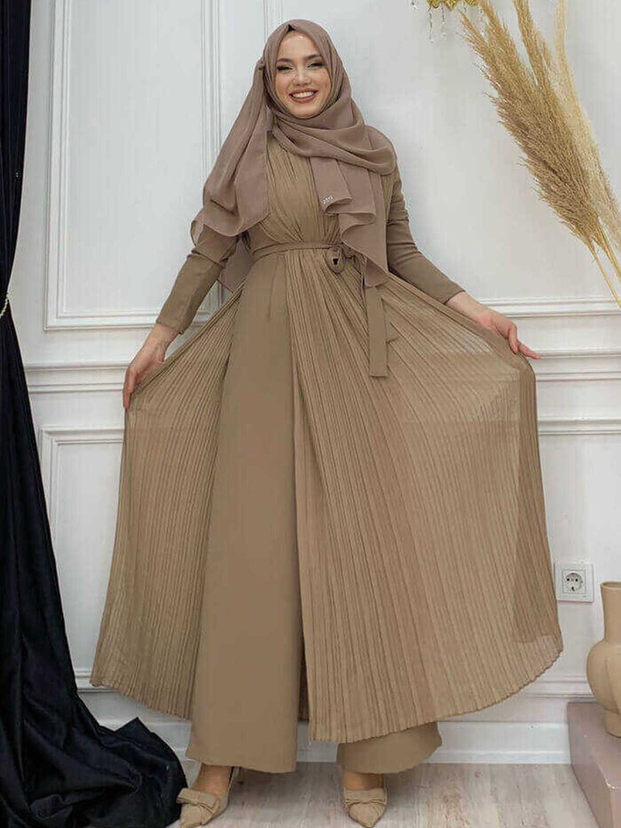 Bym Fashion Piliseli Şifon Pelerin Detay Bel Kuşaklı Tulum Vizon