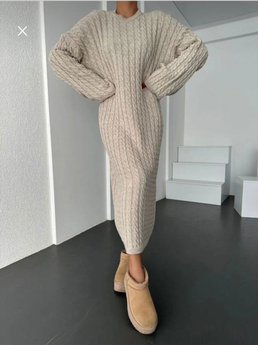 SFG Life Moda Taş Saç Örgülü Uzun Kollu Ve Bisiklet Yaka Triko Elbise