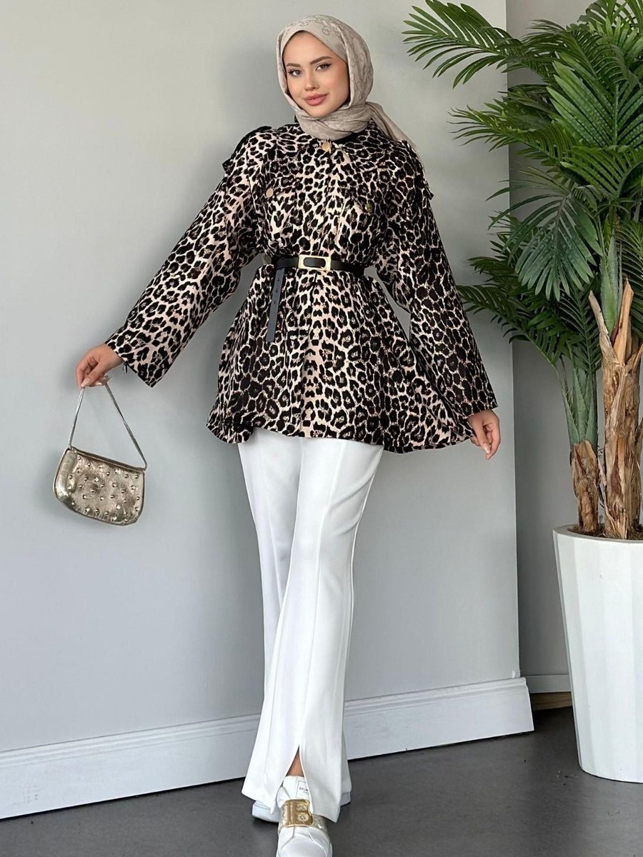 Haza Moda Leopar Desenli Ceket Beyaz