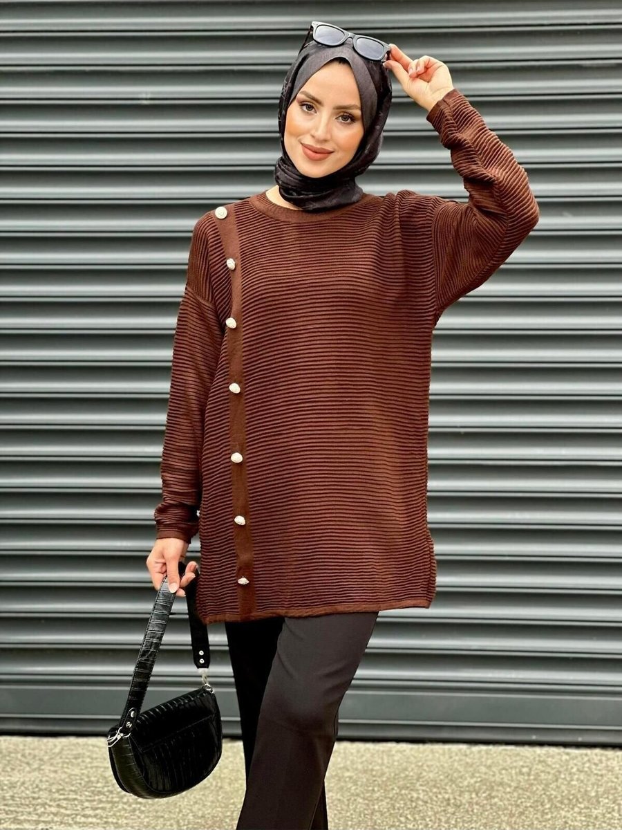 Nergis Neva Butik Kahverengi Top Düğmeli Triko Tunik