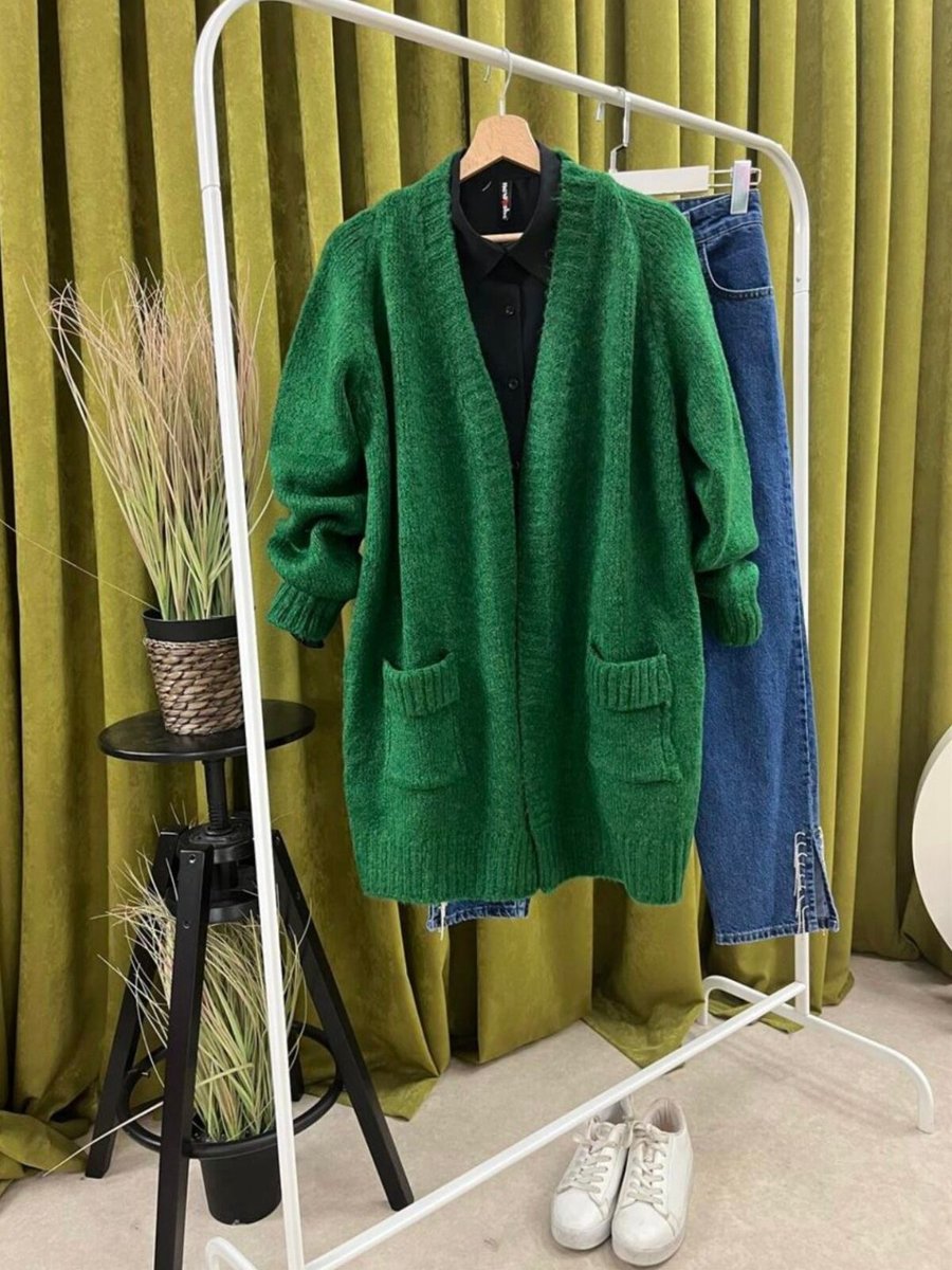 Butik Yeşil Kol Katmanlı Cepli Salaş Triko Tunik Uzun Hırka