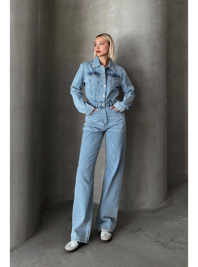 Olcay Açık Mavi Gömlek Yaka Düğmeli Denim Tulum