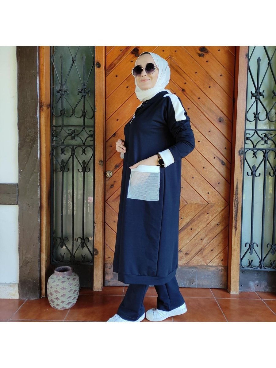 Aysun Aydemir Lacivert Beyaz Cepli Tek Üst Eşofman