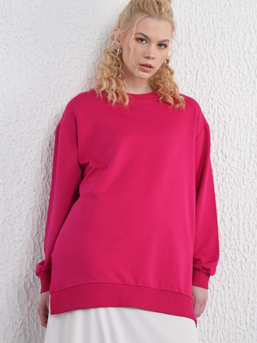 Kayra İki İplik Basic Fuşya Sweatshirt