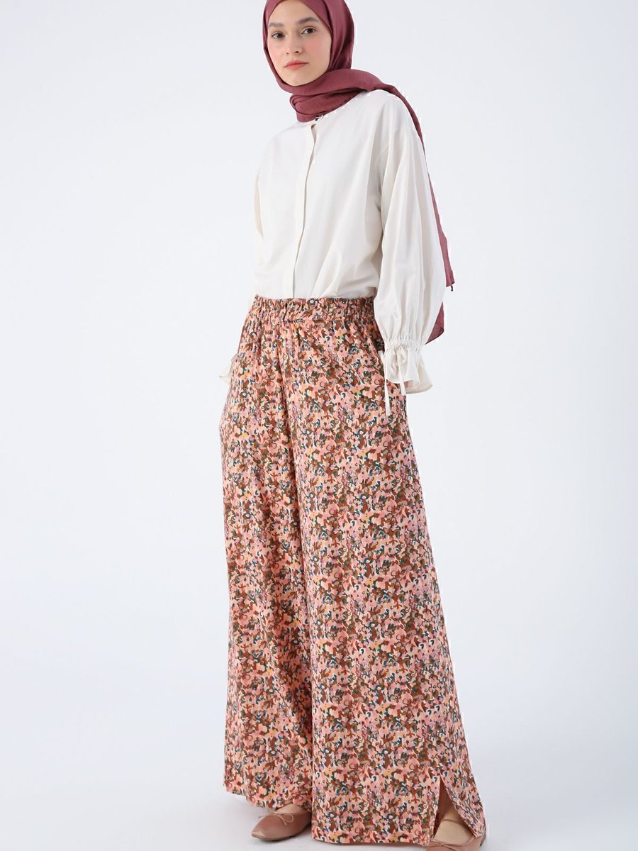 Allday Somon Kiremit Baskılı Paçası Yırtmaçlı Beli Lastikli Wide Leg Viskon Keten Pantolon