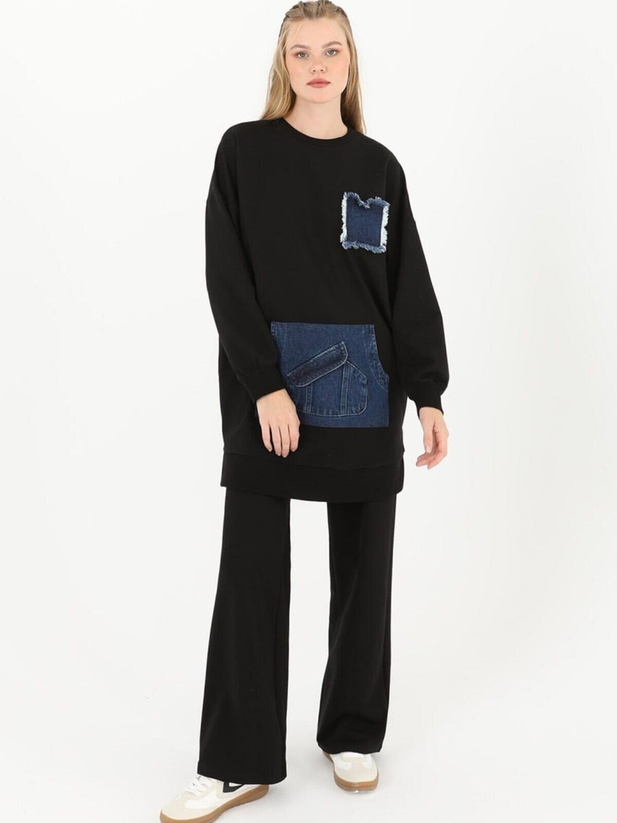 Puane Siyah İki İplik Kumaş Kot Kanguru Cepli Sweatshirt