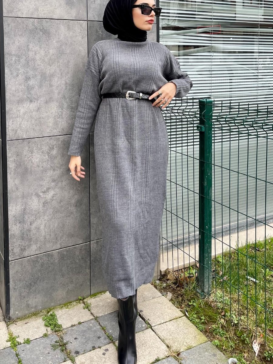 Şule Giyim Fitilli Triko Elbise Füme