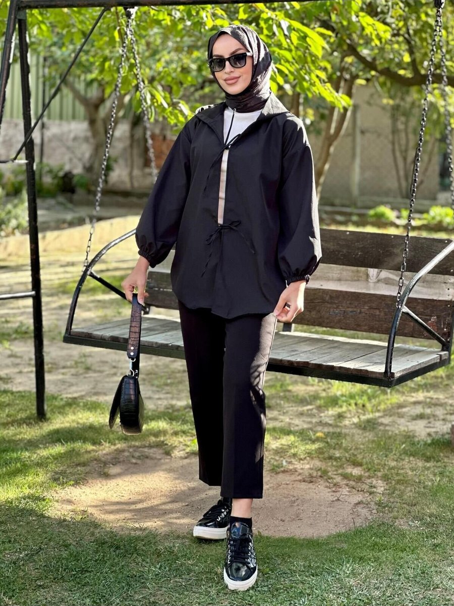 Nergis Neva Butik Siyah Kapüşonlu Önü Baglamalı Kimono