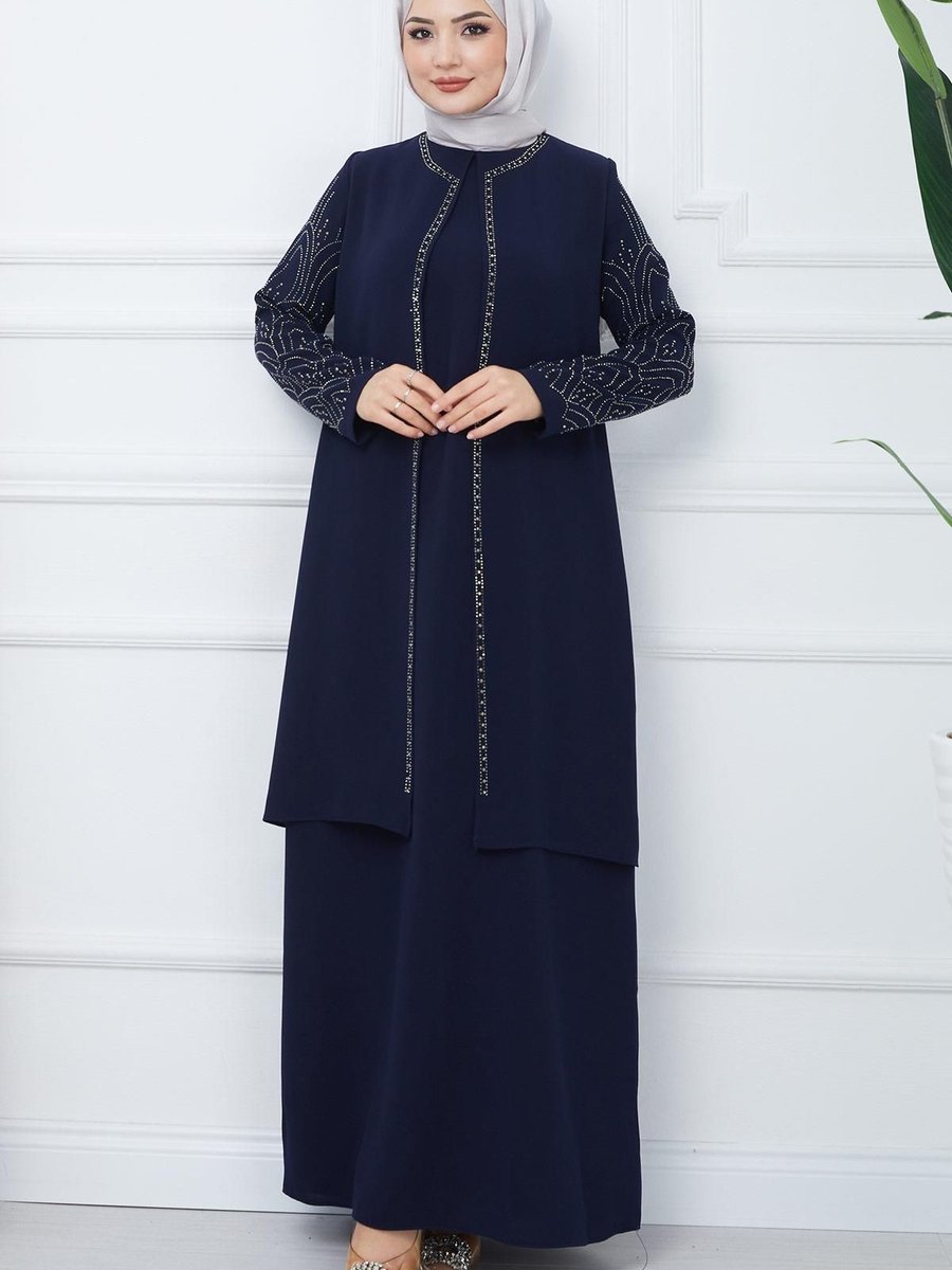 Hafsamina Kolları Taşlı Büyük Beden Anne Elbisesi Lacivert