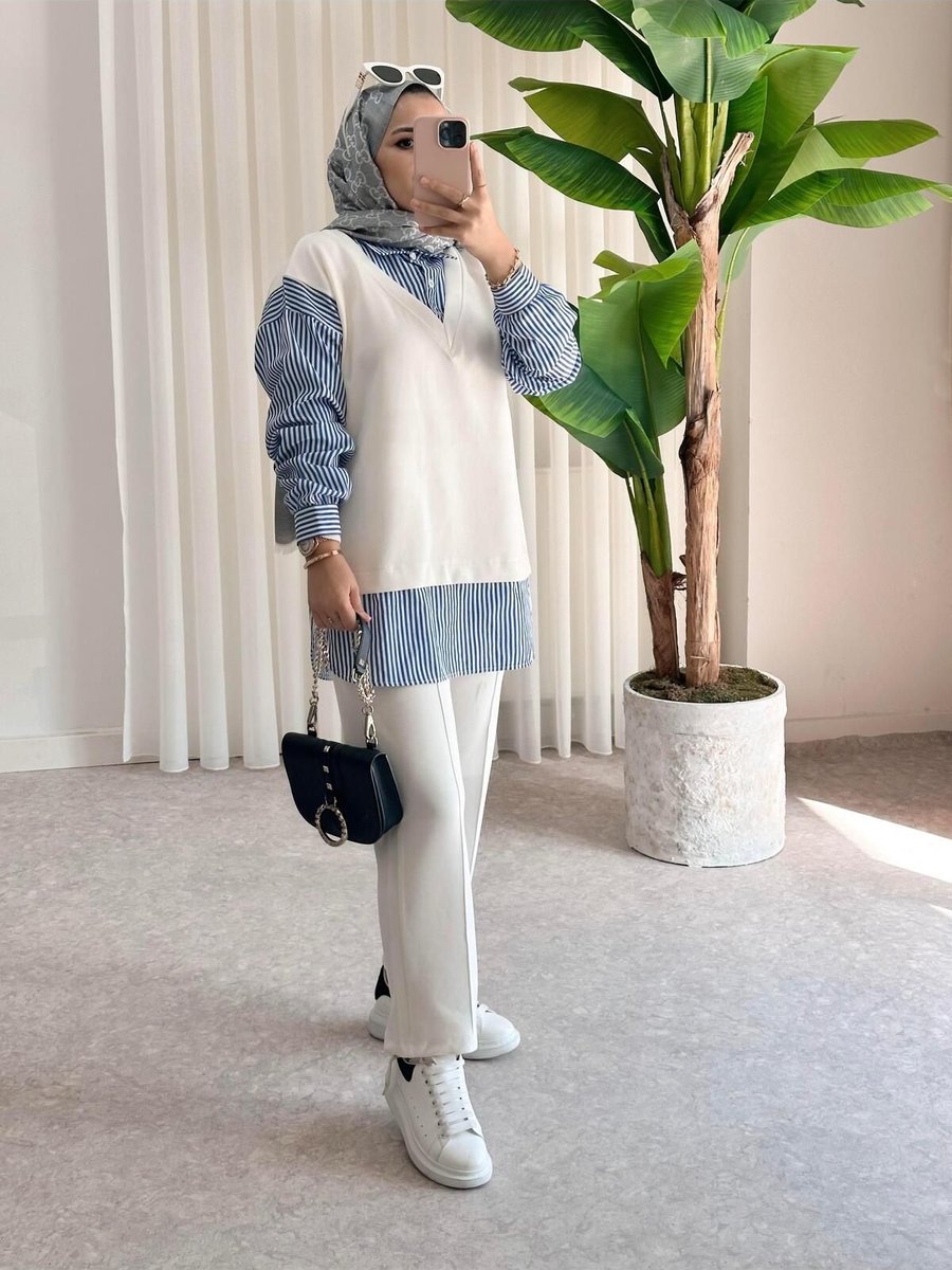 Asel Fashion Modal Gömlek Yaka Çizgili İkili Takım Ekru