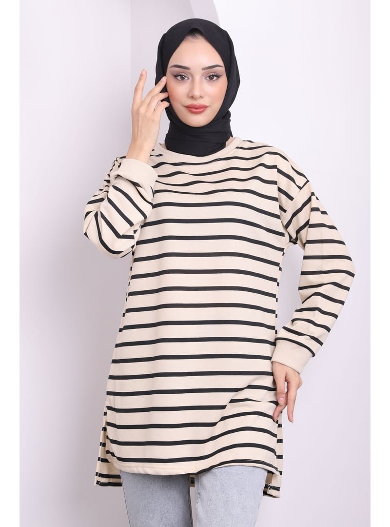 İmaj Butik Siyah Yanları Yırtmaçlı Çizgili Tunik