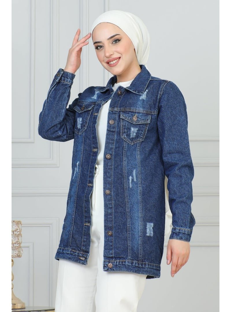 MISSVALLE Koyu Mavi Cebi Lazer Detaylı Kot Ceket
