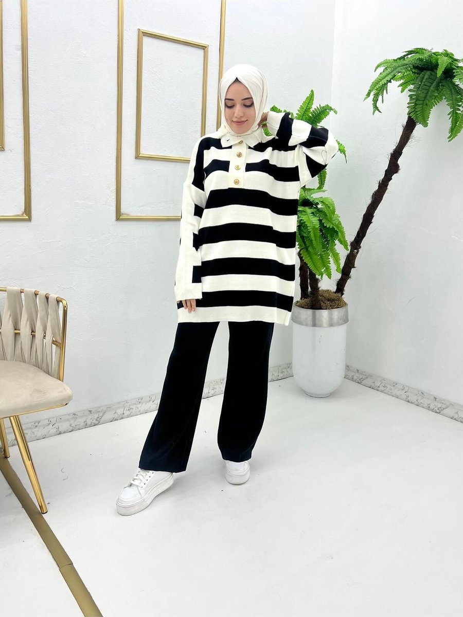 Moda Krash Düğme Deaty Çizgili Triko Takım