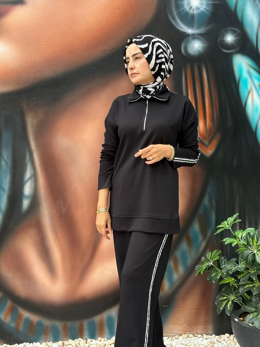 Cashmere Moda Beyaz Pul Şeritli Oyşo Eşofman Takımı Siyah