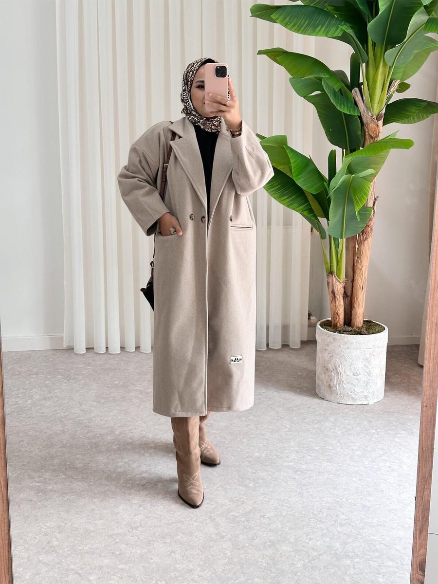 Asel Fashion Owersize Kaşe Düğmeli Kaban Bej