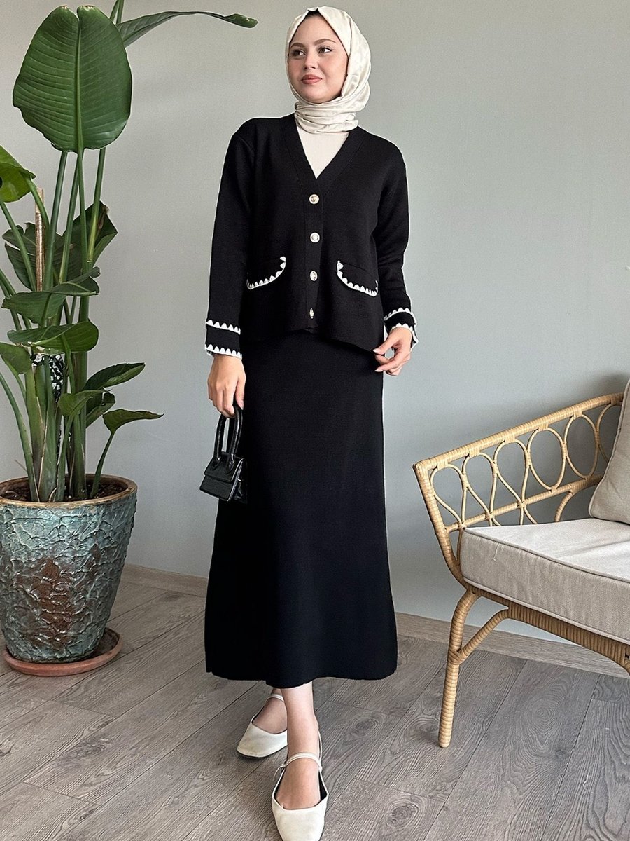 Instyle Dikiş Detay Etekli Siyah Triko Takım