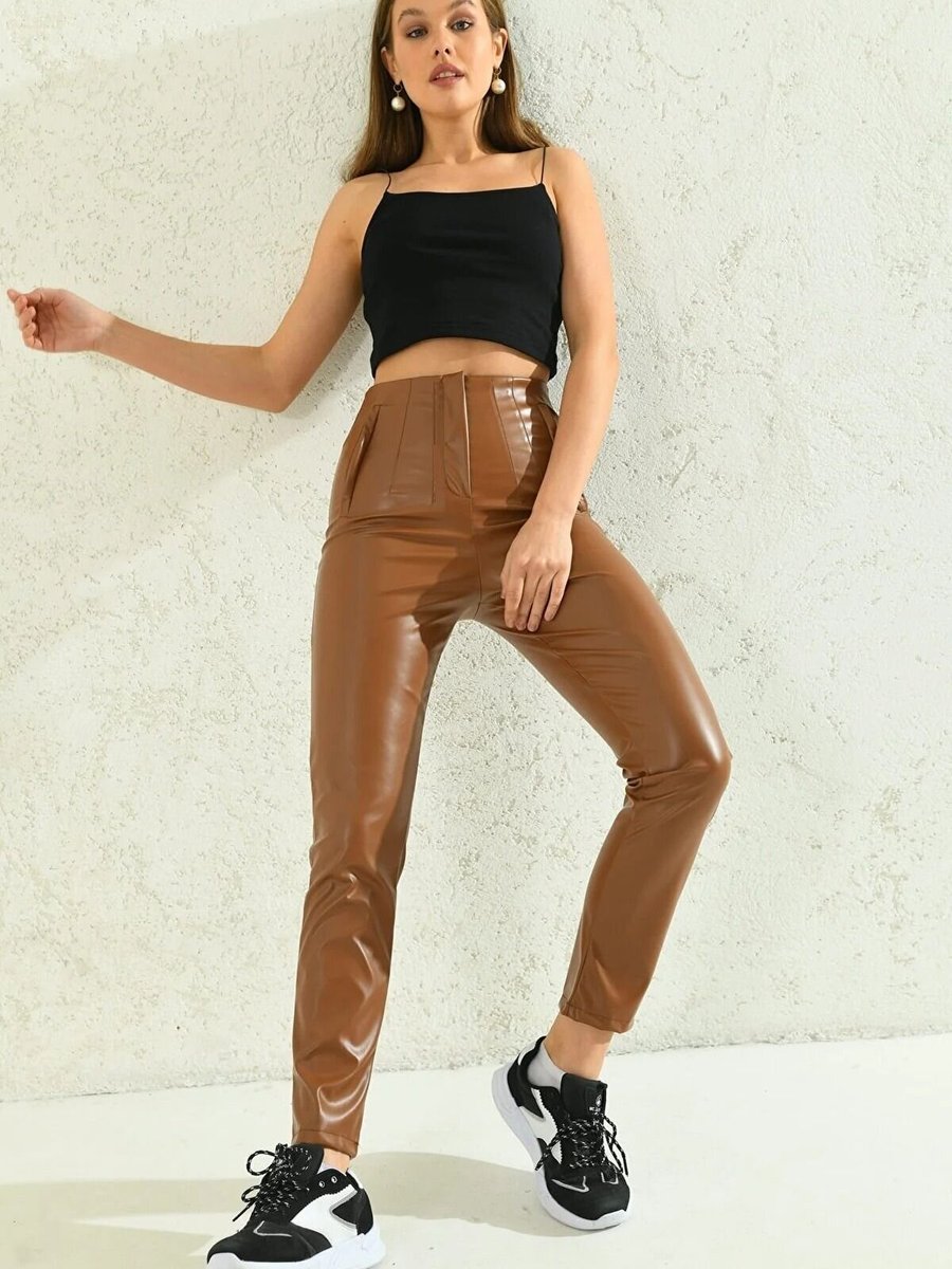 VOLT CLOTHİNG Taba Önü Pensli Deri Pantolon