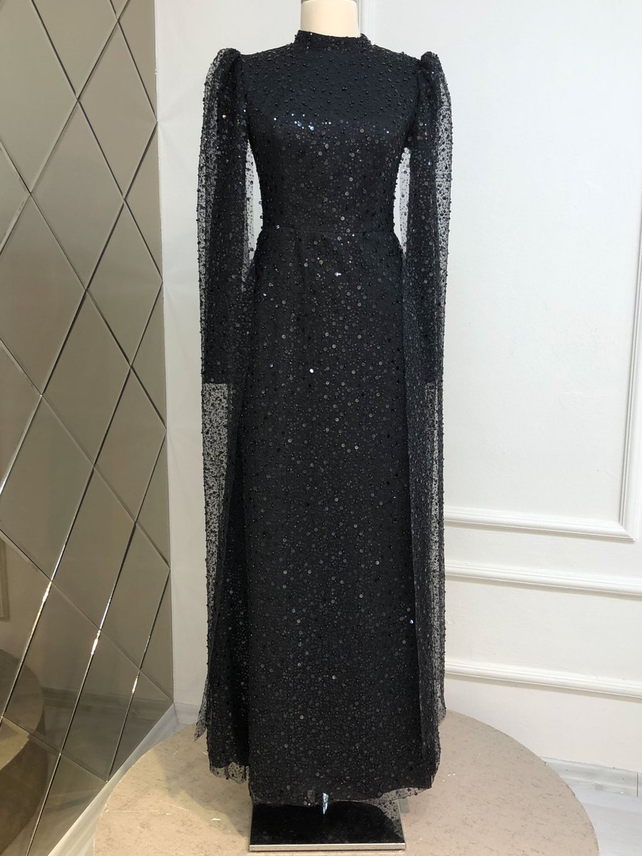 Burak Baran Fashion Siyah Boncuk Abiye Elbise