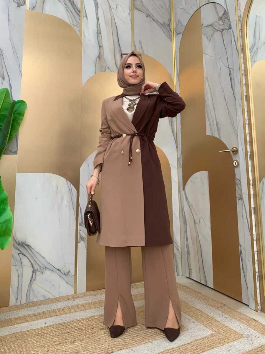 Bym Fashion İki Renkli Düğmeli Bel Bağlamalı Yarım Boy Ceket Vizon