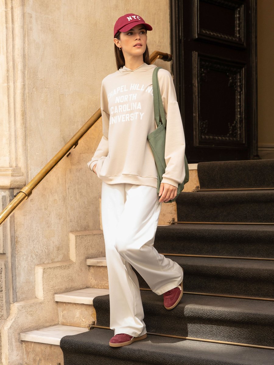 Benin Taş Rengi Kapüşonlu Baskılı Oversize Sweatshirt